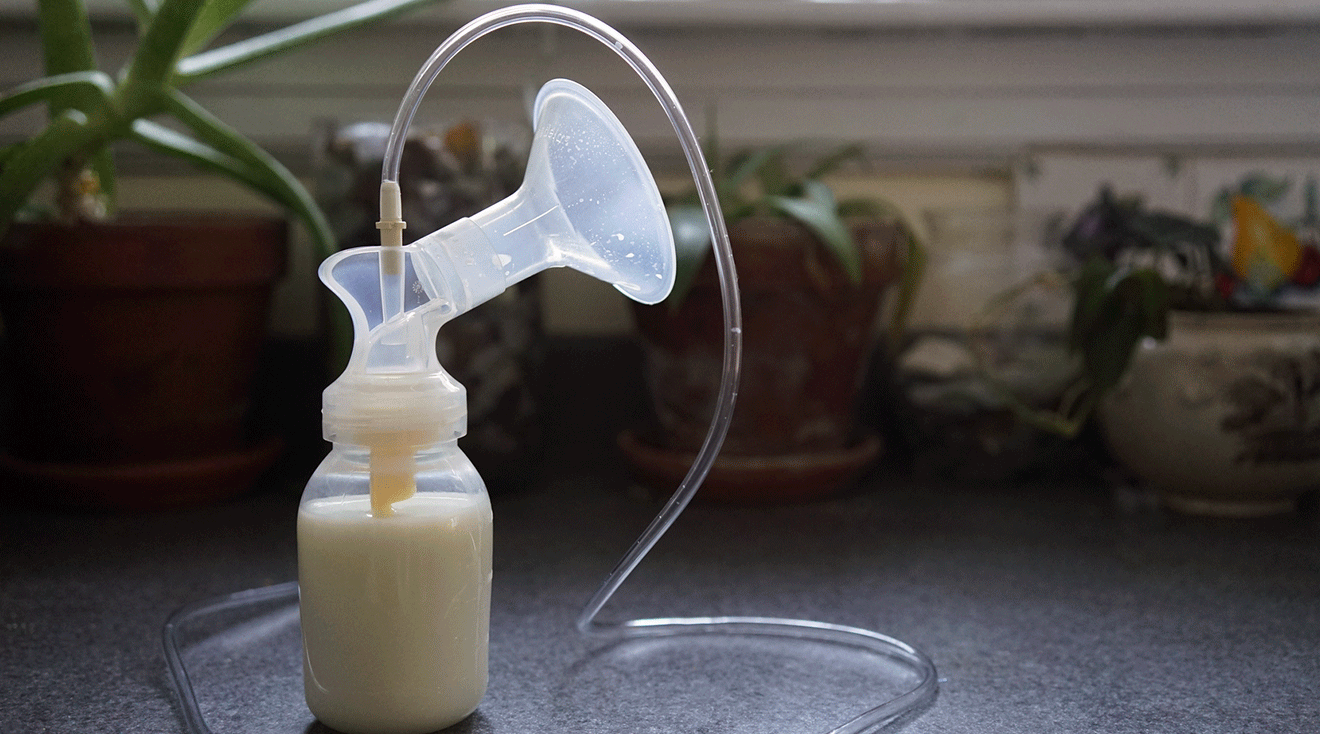 breast milk in breast pump bottle on kitchen counter