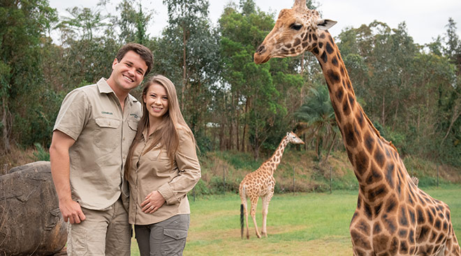 Pregnant Bindi Irwin with her husband Chandler and a giraffe in the background at the zoo. 