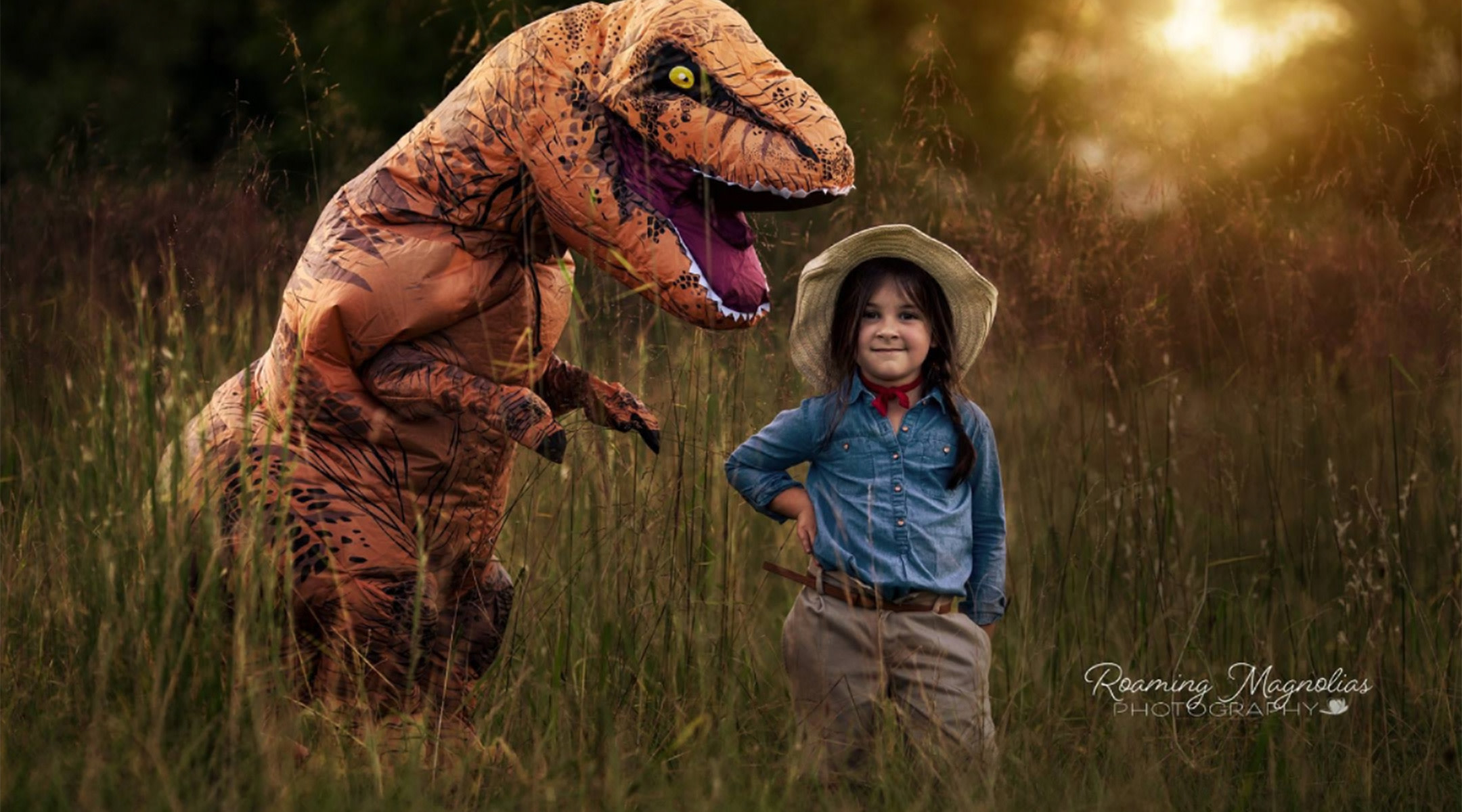 mom stages photo shoot with t rex costume for her child with autism