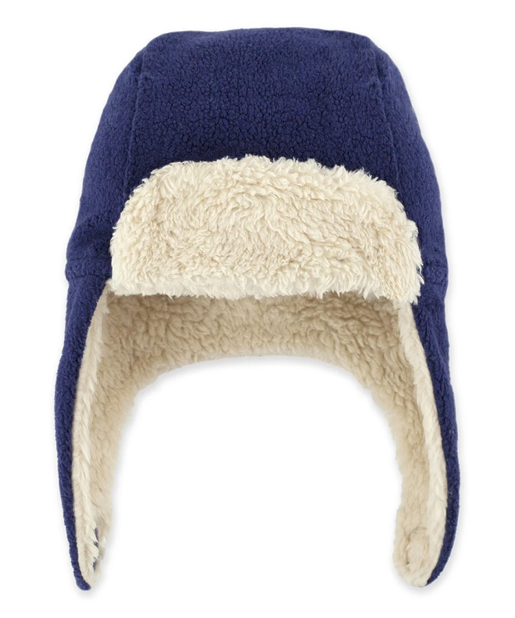 Children's wool hat for turning perfect for autumn and winter from wool walk and eco jersey navy with dots on red