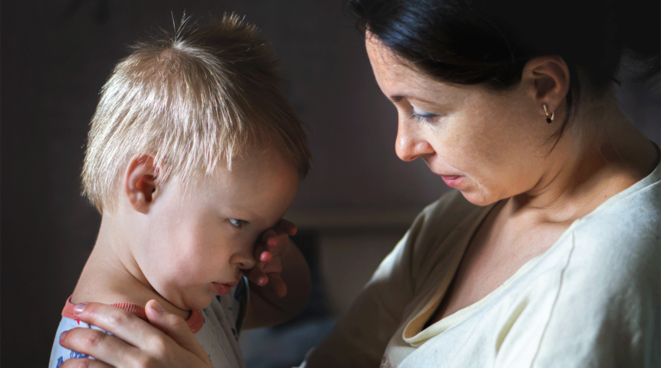 mother talking to frustrated toddler