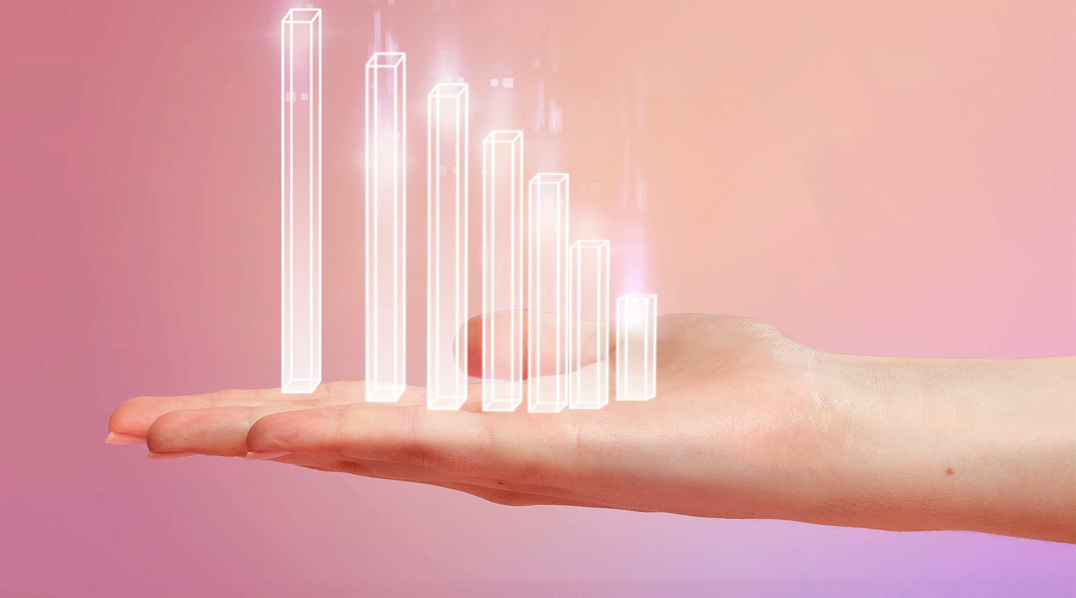 conceptual image of hand holding neon increasing bar graph