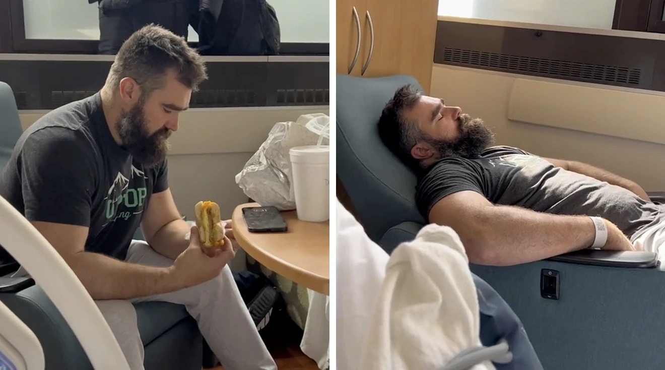 jason kelce eating and sleeping while wife kylie is in labor