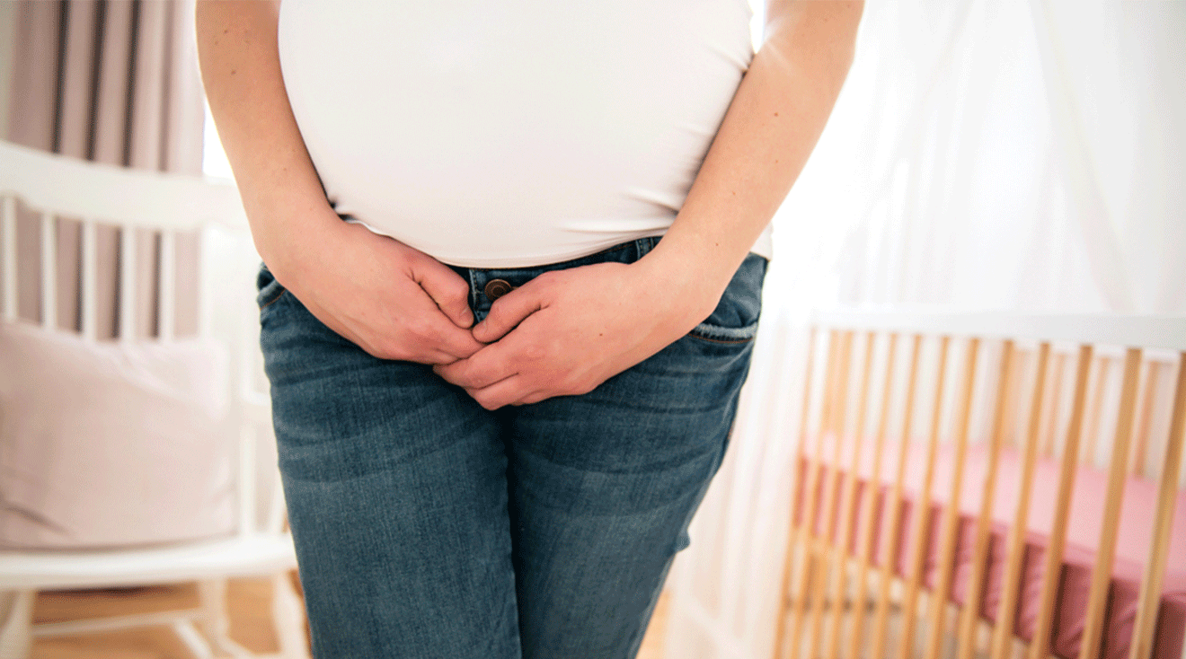 pregnant woman crossing legs showing incontinence 