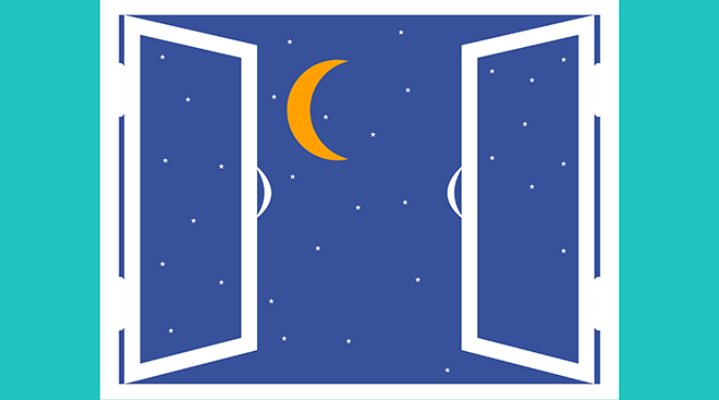 Illustration of open window showing crescent moon in night sky. 
