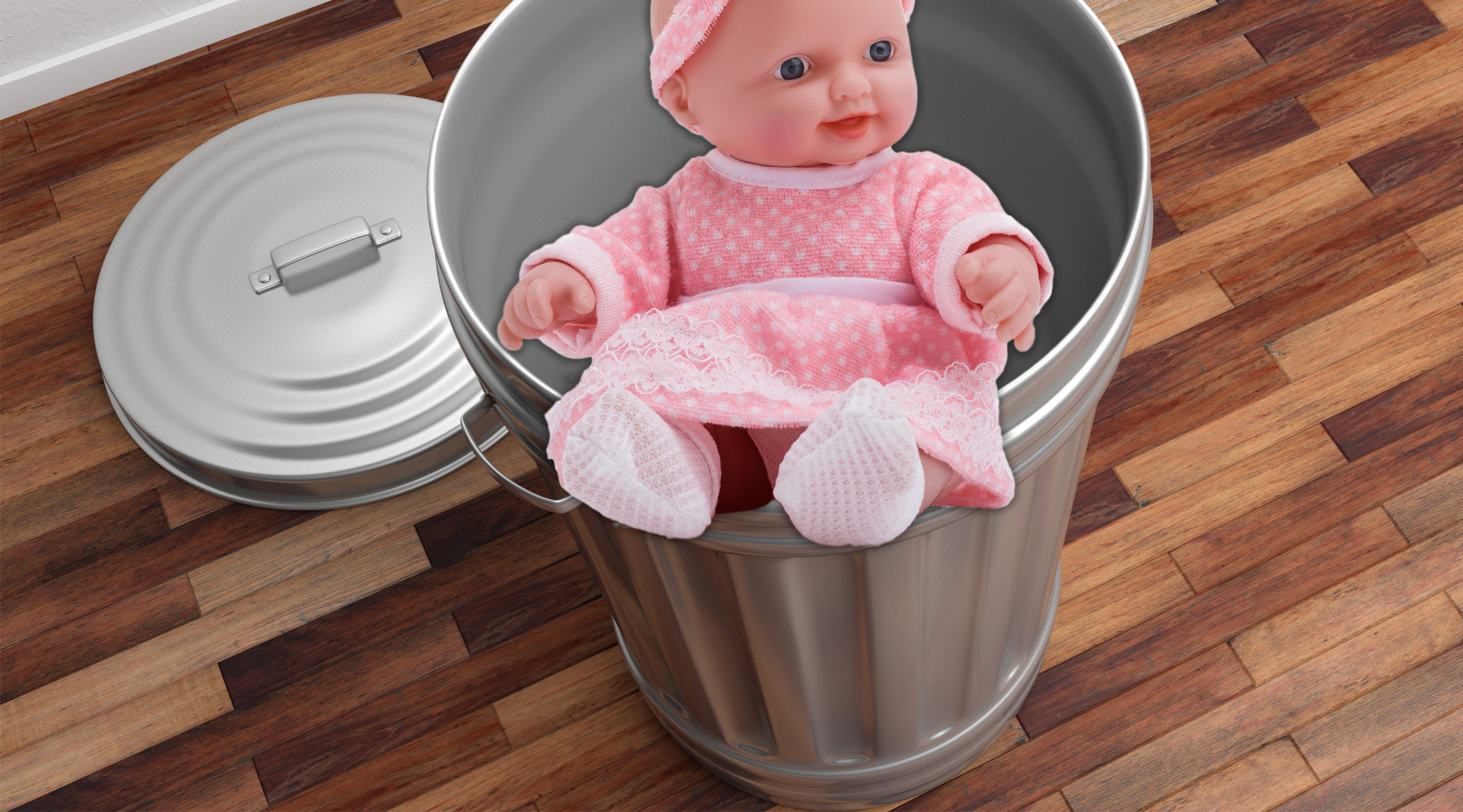 toddler throws her doll in the trash