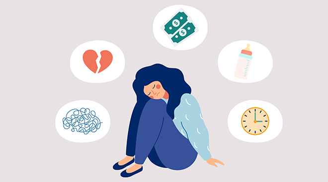 Concept illustration of sad woman surrounded by icons like a baby bottle, money and a clock.