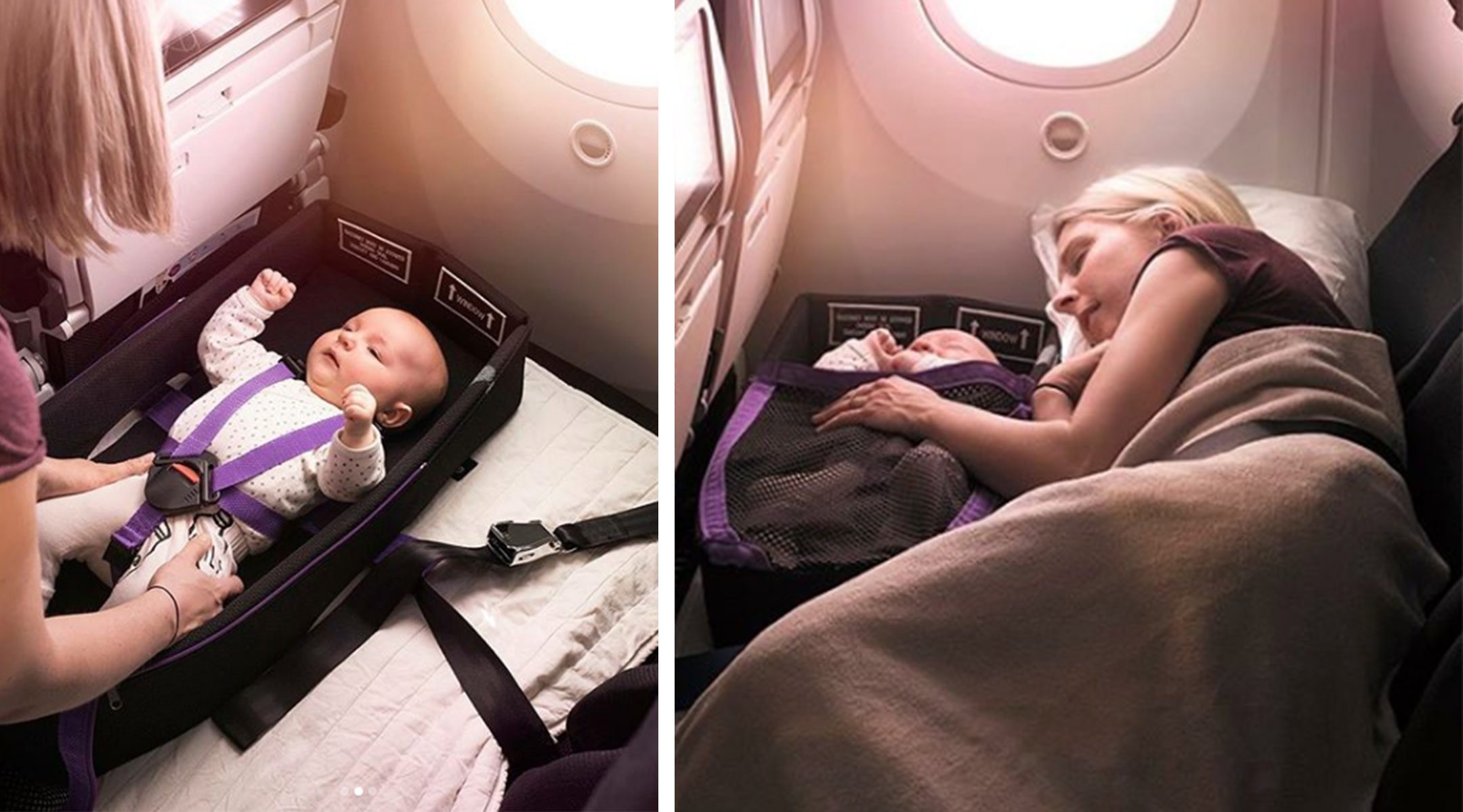 woman sleeping on plane with her baby in a pod