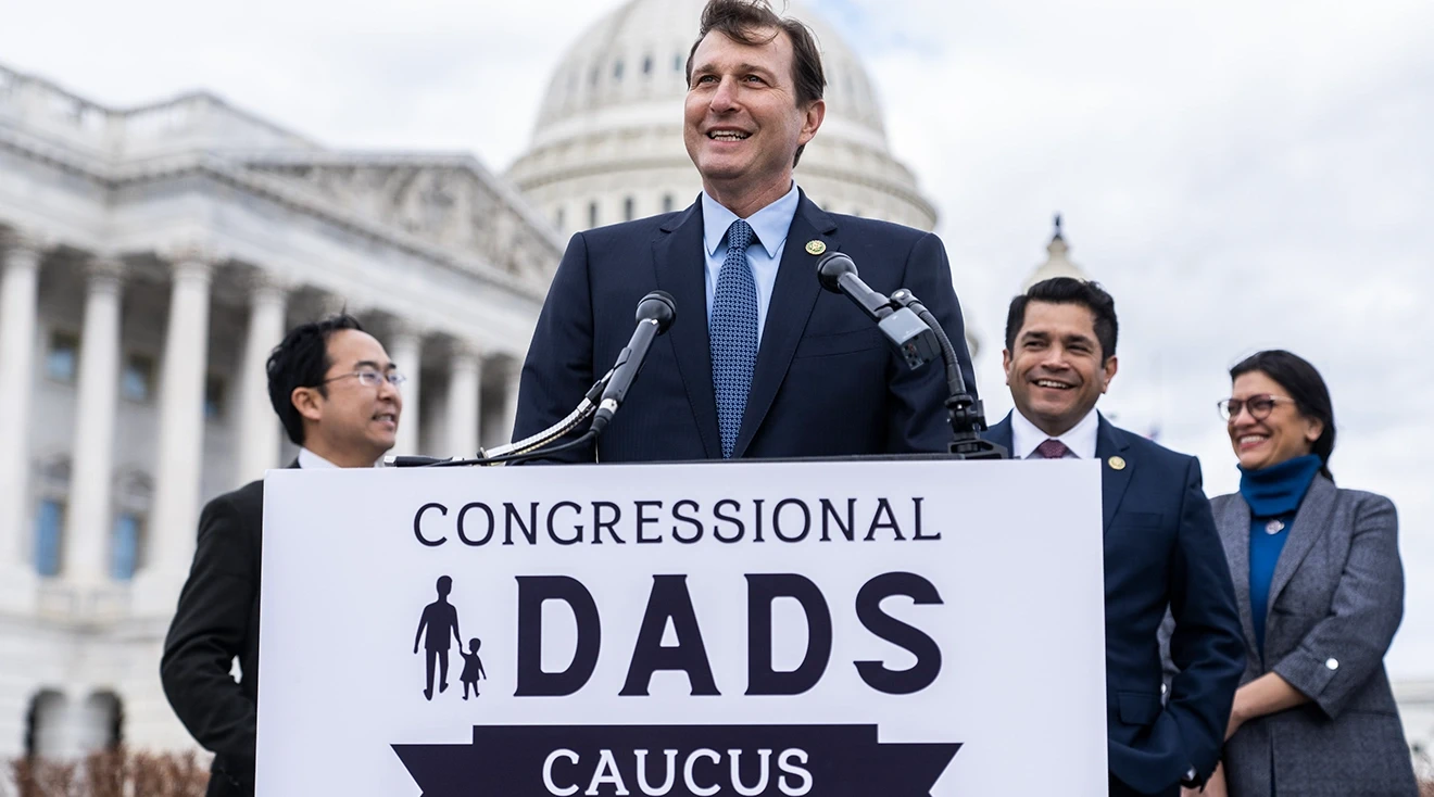 Reps. Dan Goldman, D-N.Y., Jimmy Gomez, D-Calif., Andy Kim, D-N.J., left, and Rashida Tlaib, D-Mich., conduct a news conference to announce the Congressional Dads Caucus outside the U.S. Capitol on Thursday, January 26, 2023