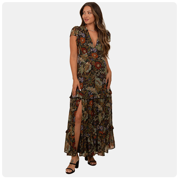 PinkBlush Black Floral Deep V-Neck Tiered Maternity Maxi Dress