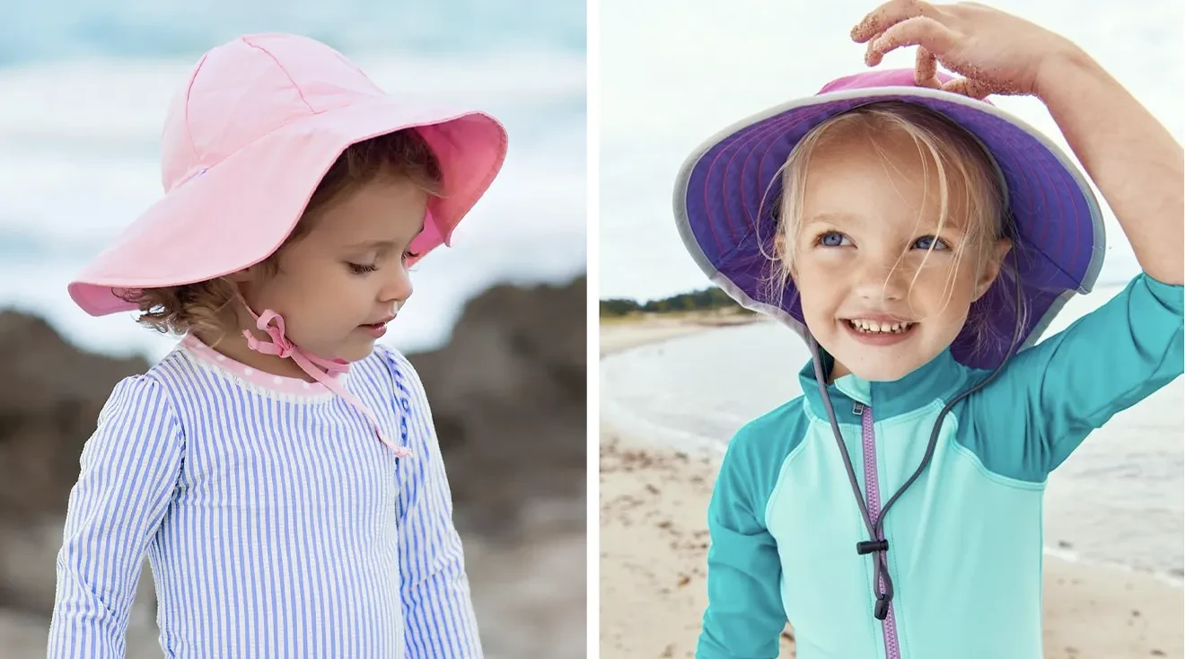 Two photos of toddlers wearing sun hats