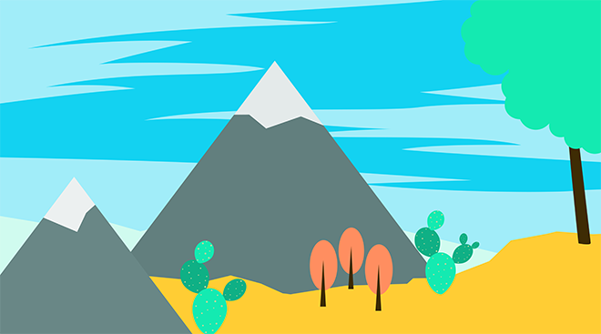 Illustration of a landscape with varying elements such as mountains, cacti and trees. 