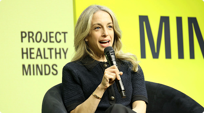 Becky Kennedy speaks onstage during "What Parenting Has Taught The Comics: Michael Kosta In Conversation With Dr. Becky Kennedy" at the Project Healthy Minds World Mental Health Day Festival at Spring Studios on October 10, 2025 in New York City