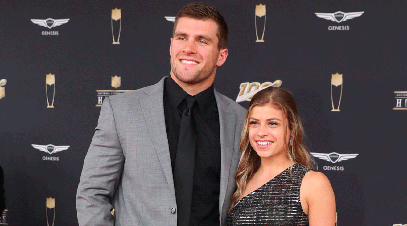 Pittsburgh Steelers defensive end TJ Watt and Dani Rhodes pose on the Red Carpet poses prior to the NFL Honors on February 1, 2020 at the Adrienne Arsht Center in Miami, FL.