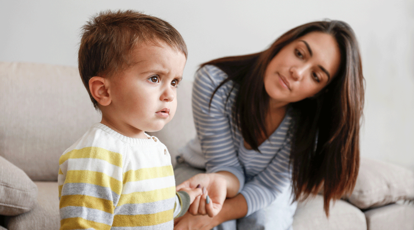 mom talking to upset toddler