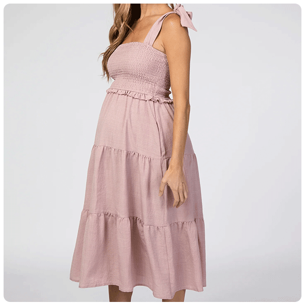 PinkBlush Maternity Mauve Bow Strap Tiered Maternity Midi Dress