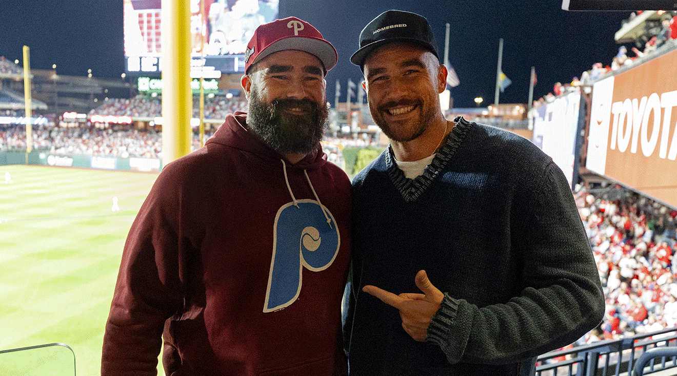 Jason and Travis Kelce pose for a photo during Game 1 of the NLCS between the Arizona Diamondbacks and the Philadelphia Phillies at Citizens Bank Park on Monday, October 16, 2023 in Philadelphia, Pennsylvania