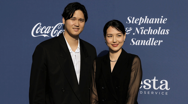 Shohei Ohtani (L) and Mamiko Tanaka arrive at the Los Angeles Dodgers Foundation's 2024 Blue Diamond Gala at Dodger Stadium on May 02, 2024 in Los Angeles, California