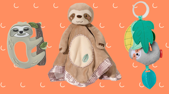 collage of sloth baby toys, teethers and a stuffed animal