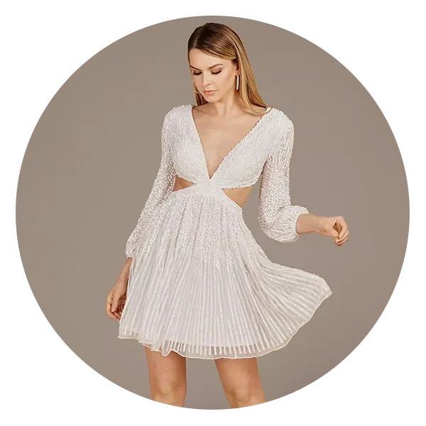 David’s Bridal Lara Harlow Beaded Cut-Out Long Sleeve Dress