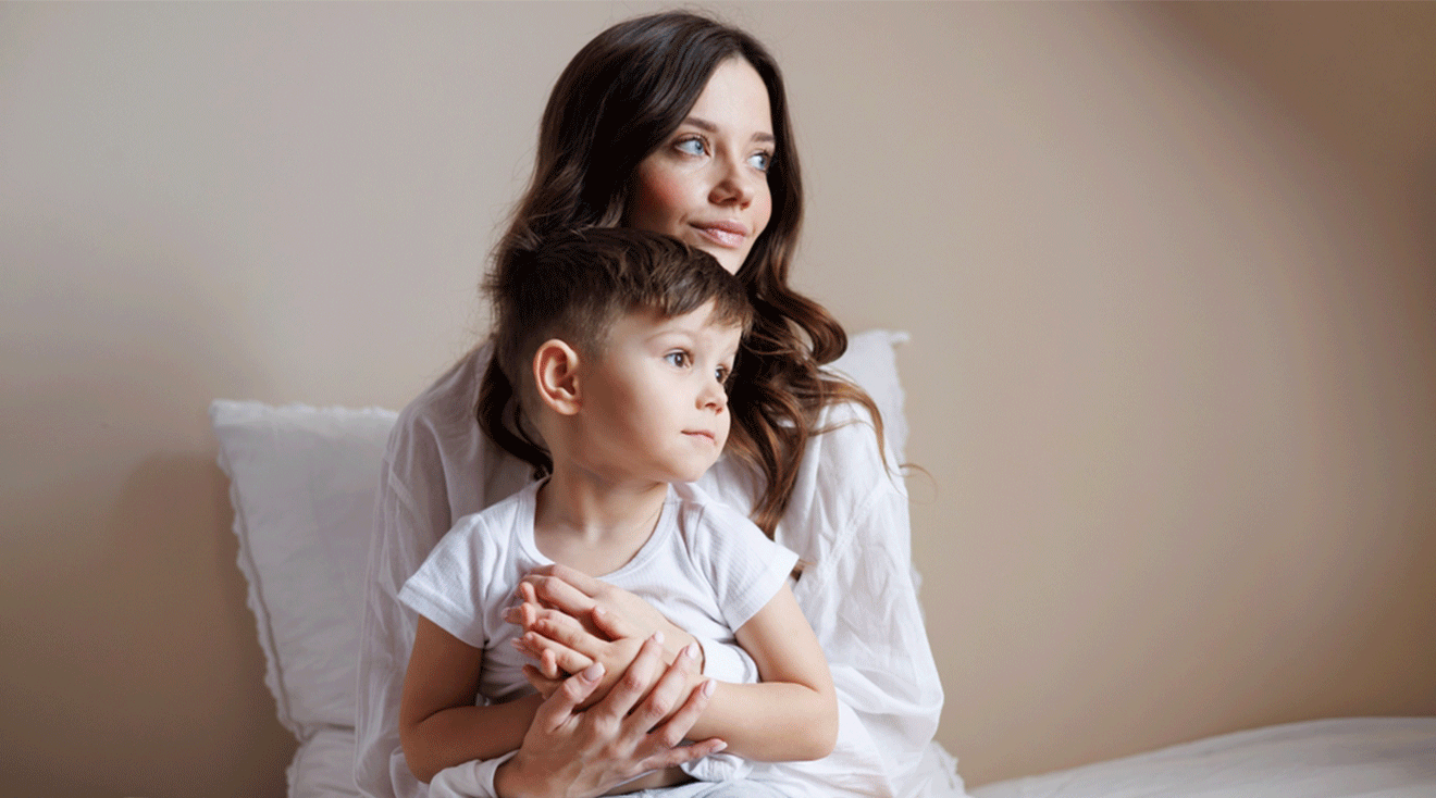 mom at home with son