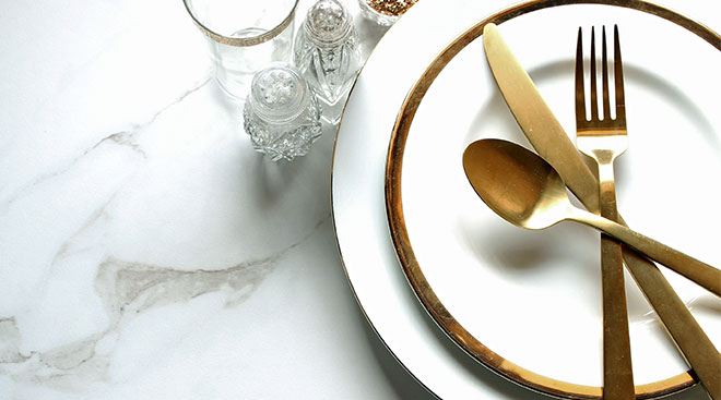 place setting for one with gold accents