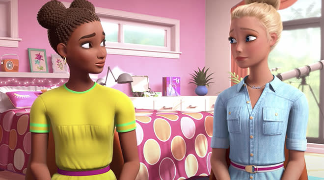 still from video about barbies discussing the negative effects of racism