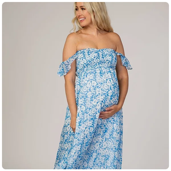 PinkBlush Blue Floral Flutter Sleeve Maternity Maxi Dress