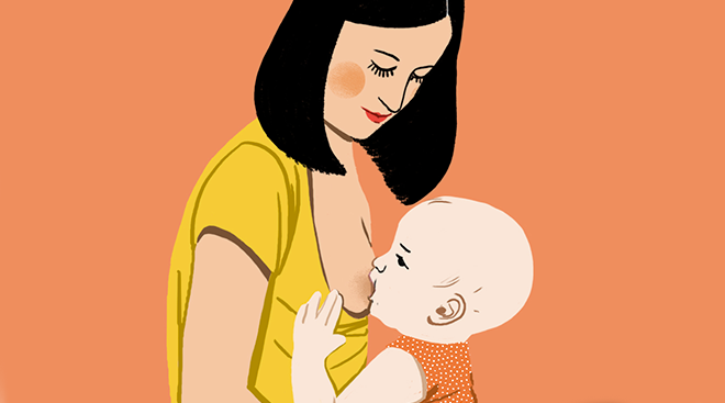 illustration of mom breastfeeding her baby in upright position