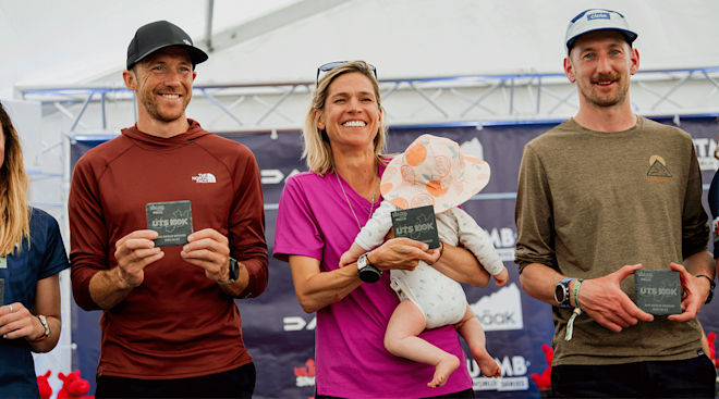 Stephanie Close with her baby after winning ultramarathon
