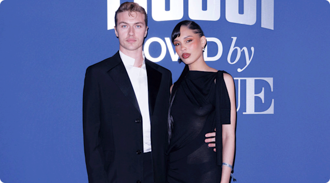 Lucky Blue Smith and Nara Smith attend the Acqua Fiuggi & Vogue Italia Dinner photocall during the Milan Fashion Week - Womenswear Fall/Winter 2025/2026 on February 28, 2025 in Milan, Italy