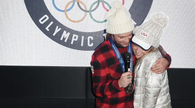 Olympian Jamie Anderson poses for a photo with her boyfriend Tyler Nicholson at the USA House at the PyeongChang 2018 Winter Olympic Games on February 23, 2018 in Pyeongchang-gun, South Korea