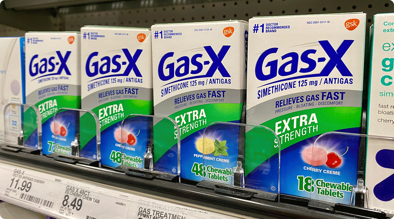 gas-x medication on shelf in store