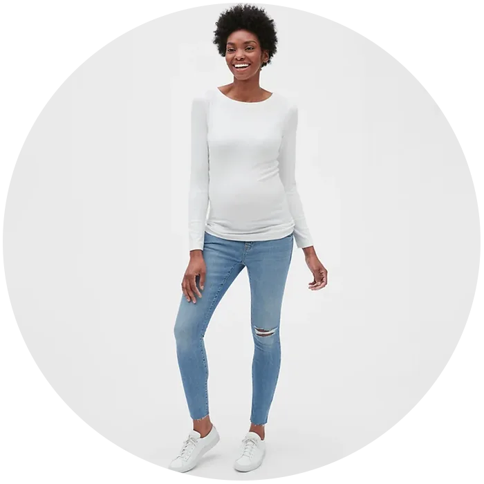 Gap soft wear demi panel true maternity skinny jeans with distressed detail