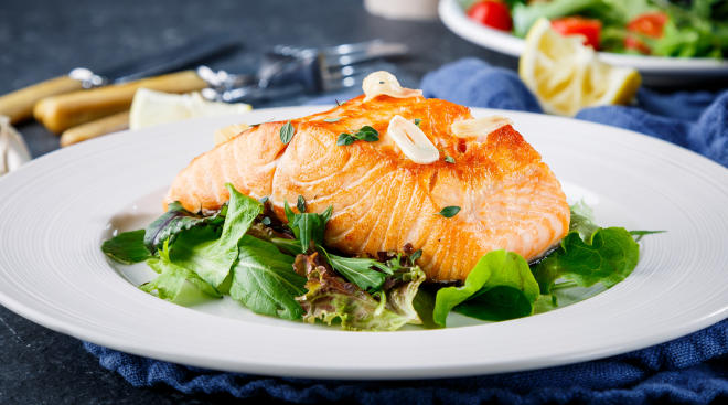 cooked salmon fish dinner plate