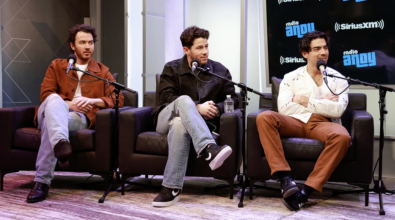 Kevin Jonas, Nick Jonas and Joe Jonas of The Jonas Brothers visit SiriusXM Studios on April 07, 2023 in New York City.