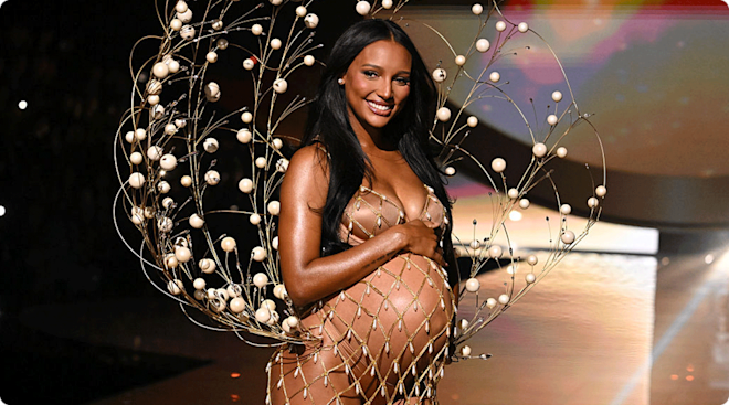 Jasmine Tookes 9 months pregnant walking at the 2025 Victoria's Secret Fashion Show held at Steiner Studios on October 15, 2025 in New York, New York