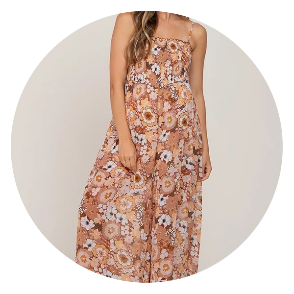 Camel Floral Sleeveless Maternity Jumpsuit