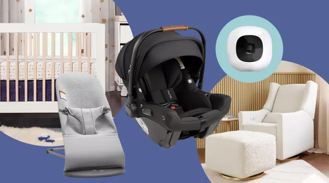 crib, baby bouncer, car seat, baby monitor and glider chair in a product collage