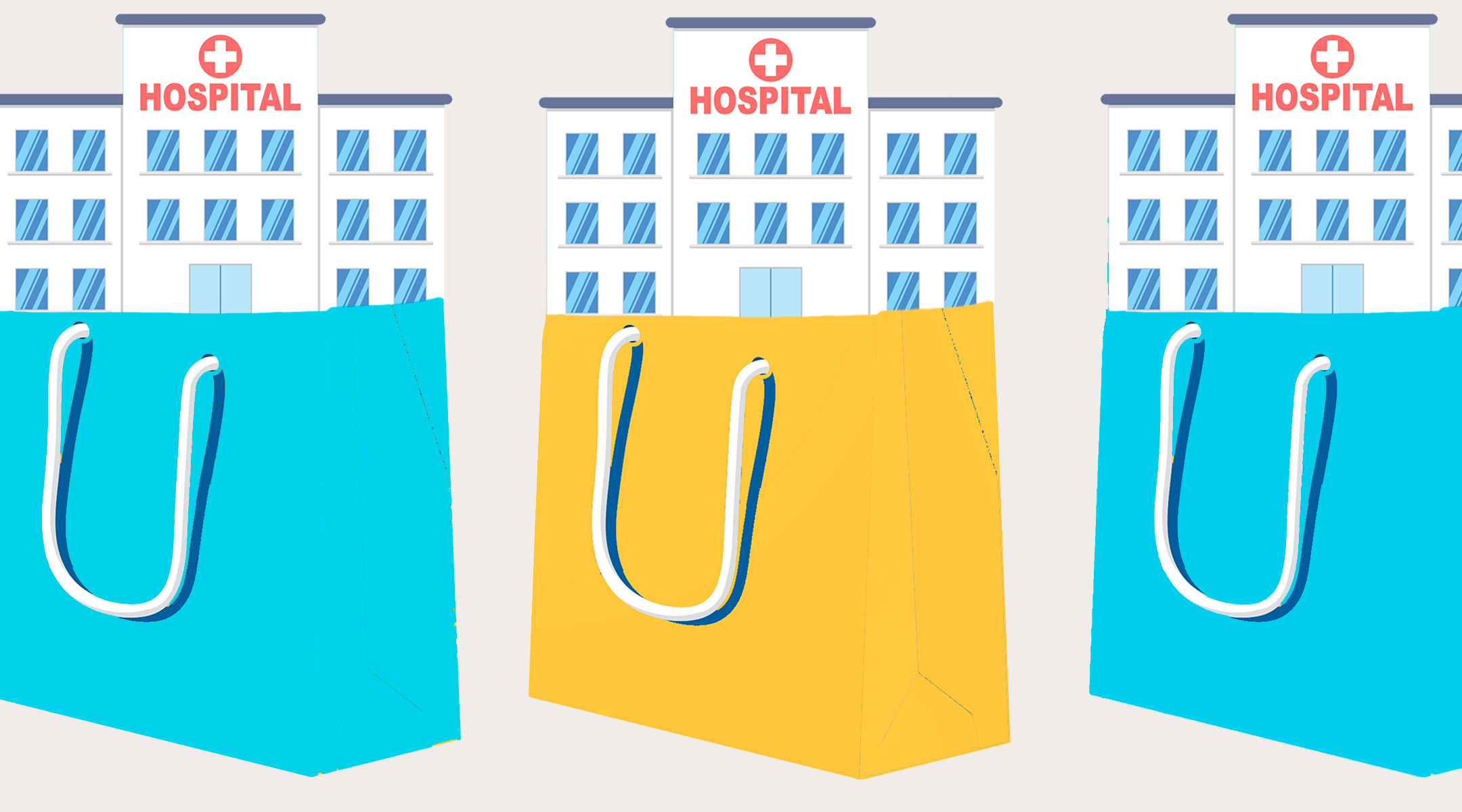 conceptual illustration of hospitals inside shopping bags