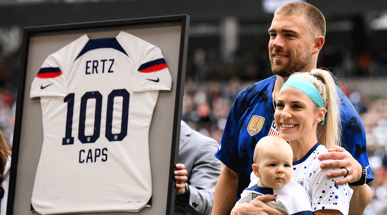 Julie Ertz of United States with her husband Zach Ertz and child Madden Matthew on the occasion of her 100th international cap before the women's international friendly match between USA and Republic of Ireland at the Q2 Stadium in Austin, Texas