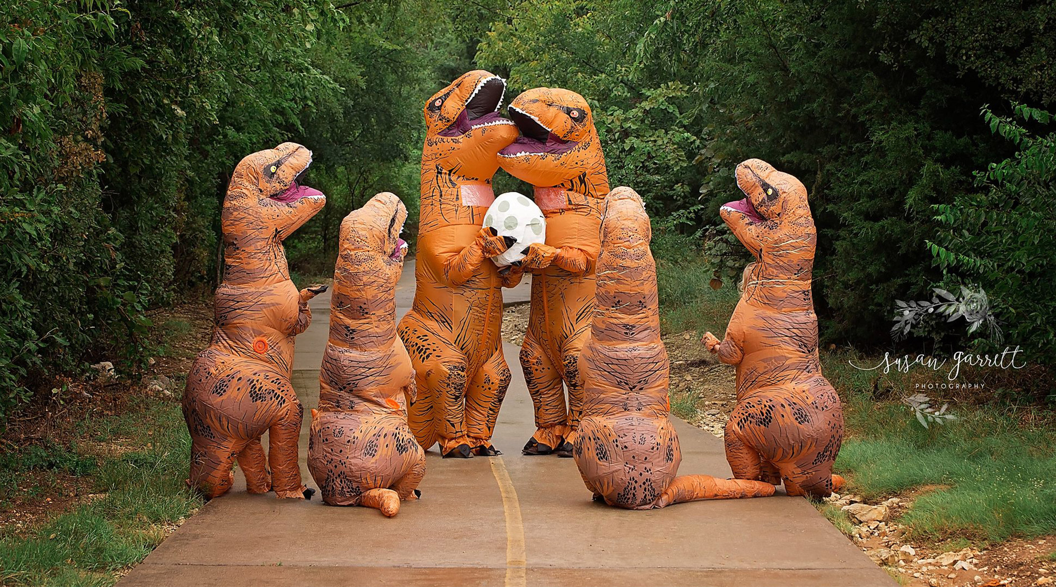 family dresses as dinosaurs to announce their baby