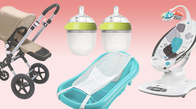 baby product collage including items parents register for, like a stroller and a bath tub