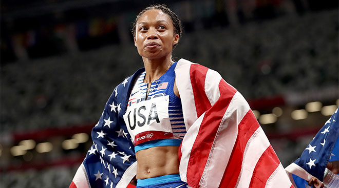 Track star Allyson Felix wins a medal at the Tokyo 2021 Olympics. 