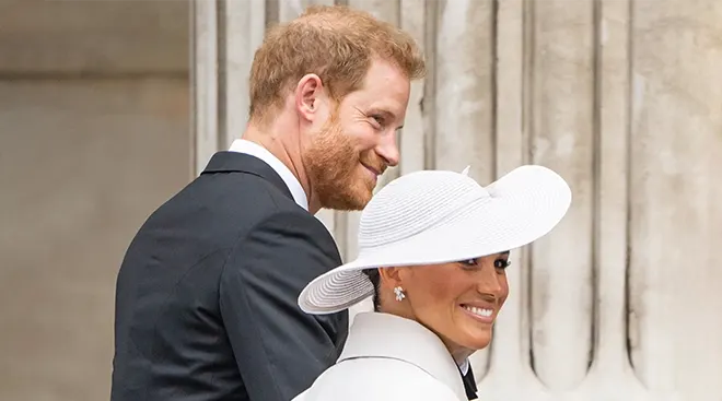Meghan, Duchess of Sussex and Prince Harry, Duke of Sussex attend the National Service of Thanksgiving at St Paul's Cathedral on June 03, 2022 in London, England