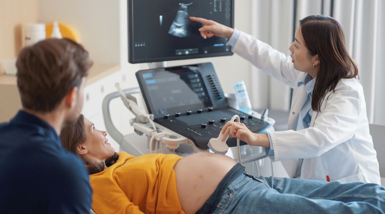 OBGYN performing ultrasound on pregnant woman