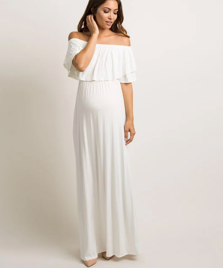 maternity solid white lace off shoulder dress