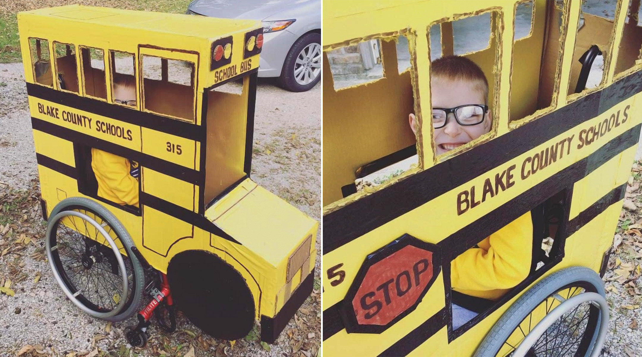 grandpa creates school bus costume for his special needs grandchild