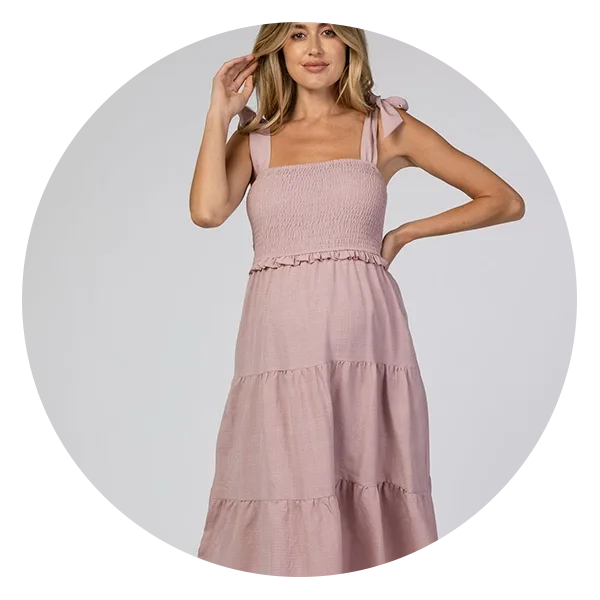 PinkBlush Maternity Mauve Bow Strap Tiered Maternity Midi Dress