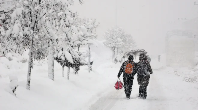 Two people in snowstorm